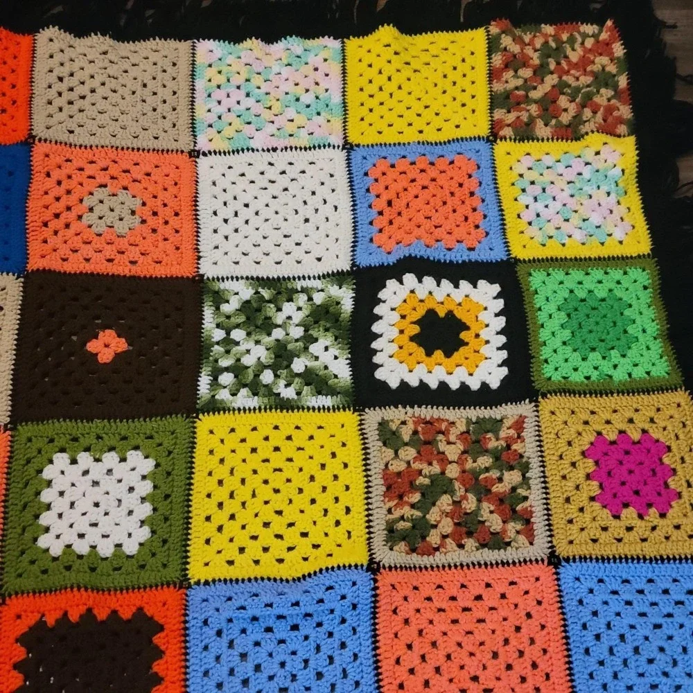 VTG Crochet Blanket Granny Square Fringe Afghan Throw 79x63